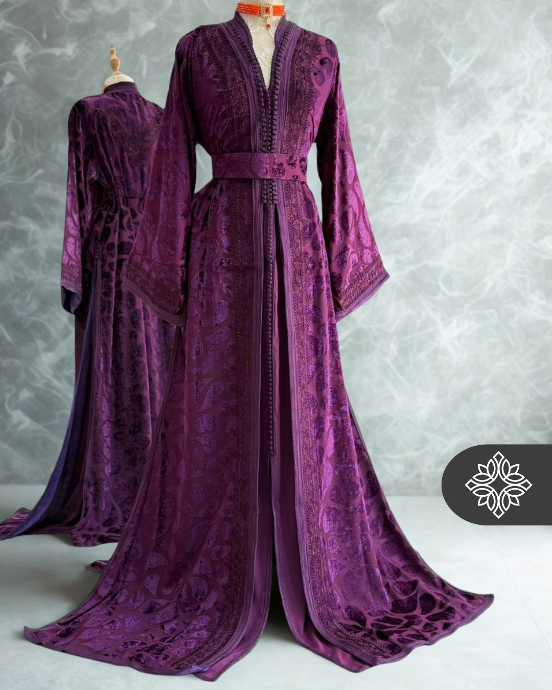 Silver Grey Moroccan Takchita | Luxury Two-Piece Kaftan |  Moroccan Tonal Embroidery