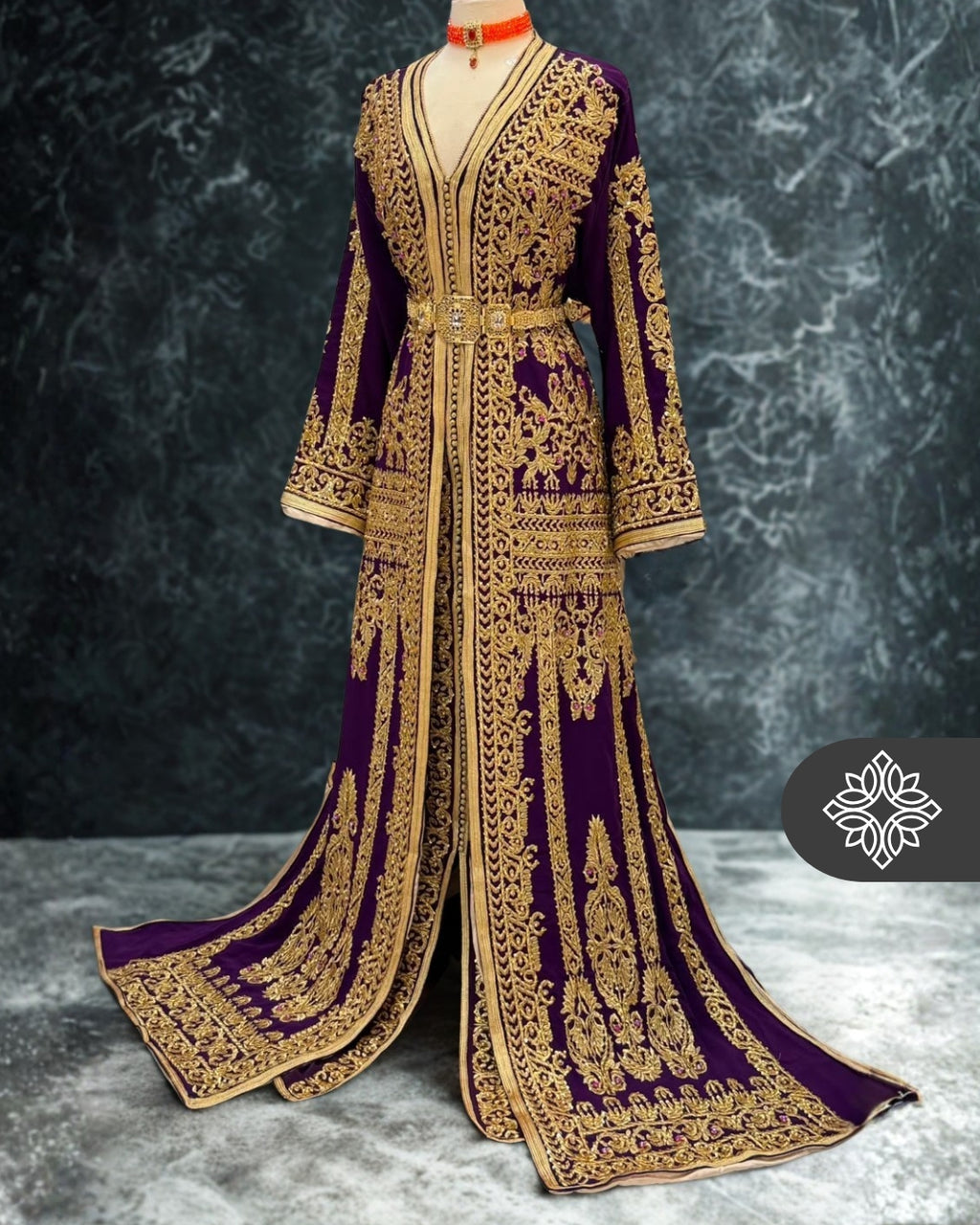 Royal Purple Moroccan Takchita | Luxury Two-Piece Kaftan | Golden Royal Hand Embroidery
