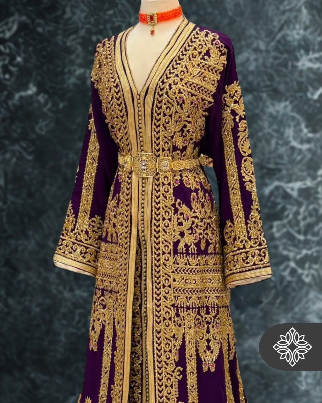 Royal Purple Moroccan Takchita | Luxury Two-Piece Kaftan | Golden Royal Hand Embroidery
