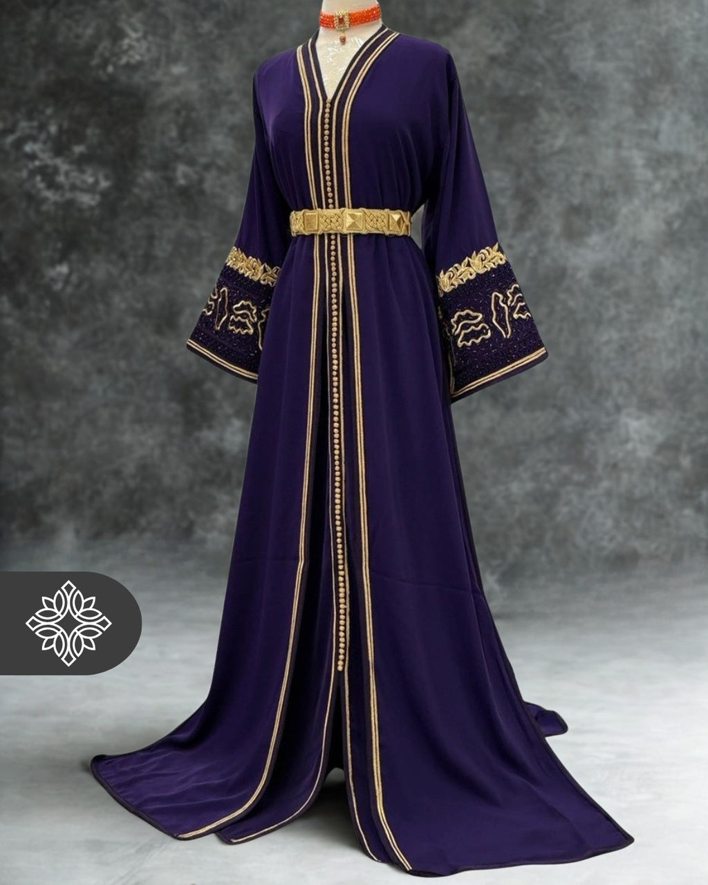 Royal Purple Moroccan Takchita | Luxury Two-Piece Kaftan | Golden Tonal Embroidery