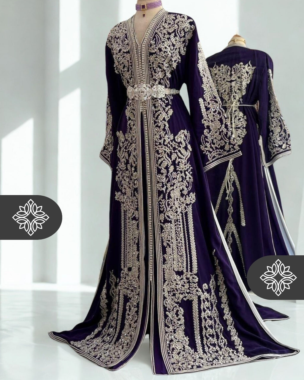 Royal Purple Moroccan Two-Piece Kaftan | Silver Tonal Embroidery | Luxury Takchita
