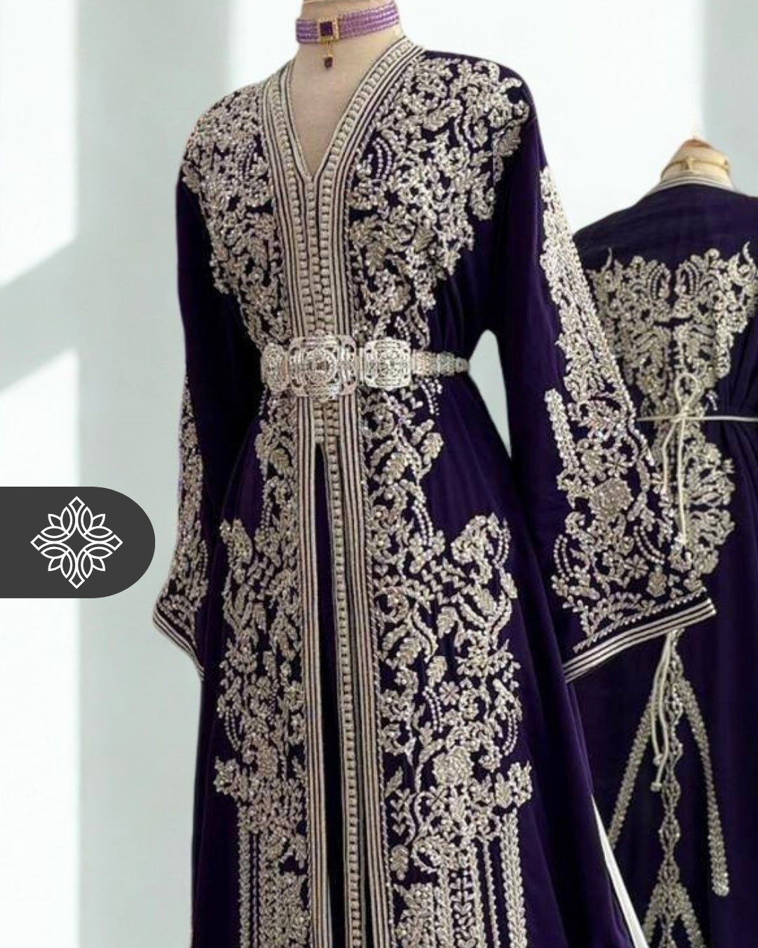 Royal Purple Moroccan Two-Piece Kaftan | Silver Tonal Embroidery | Luxury Takchita