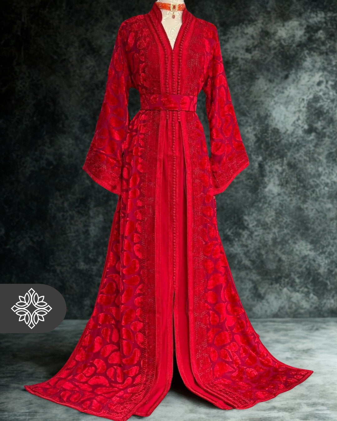 Royal Red Moroccan Takchita | Luxury Two-Piece Kaftan | Matching Tonal Embroidery