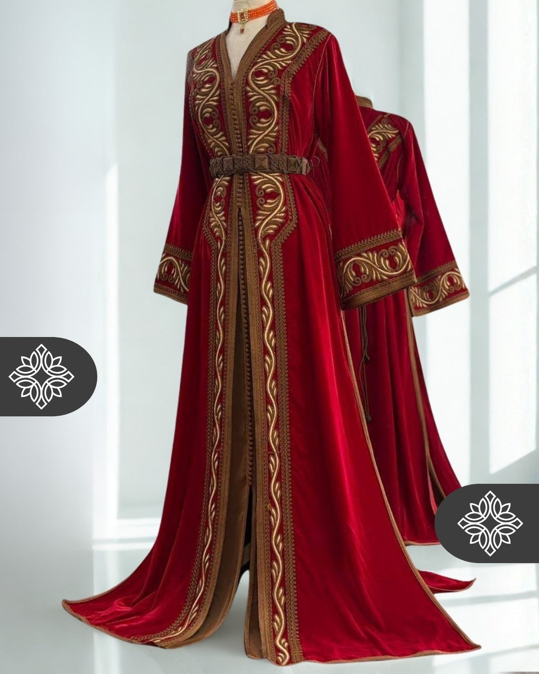 Takchita marocaine rouge royale | Caftan deux pièces en velours luxueux | Broderie ton sur ton spéciale