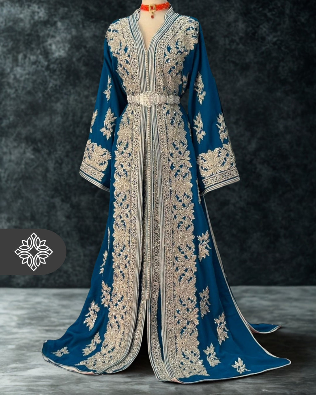Royal Teal Blue Moroccan Takchita | Luxury Two-Piece Kaftan | Silver Heritage Embroidery