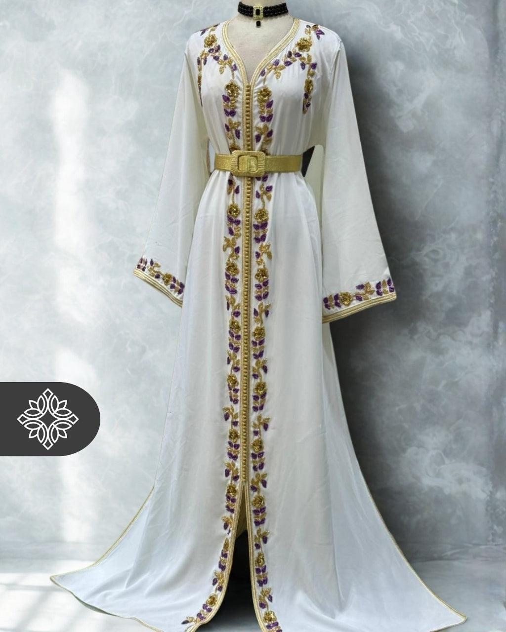 Royal White Moroccan Kaftan | Golden Floral Embroidery | Elegant Couture One-Piece