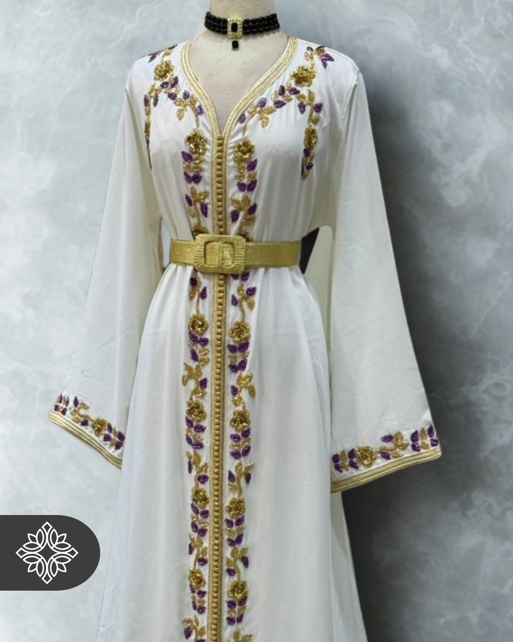 Royal White Moroccan Kaftan | Golden Floral Embroidery | Elegant Couture One-Piece