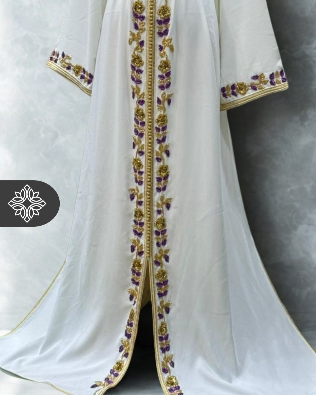 Royal White Moroccan Kaftan | Golden Floral Embroidery | Elegant Couture One-Piece