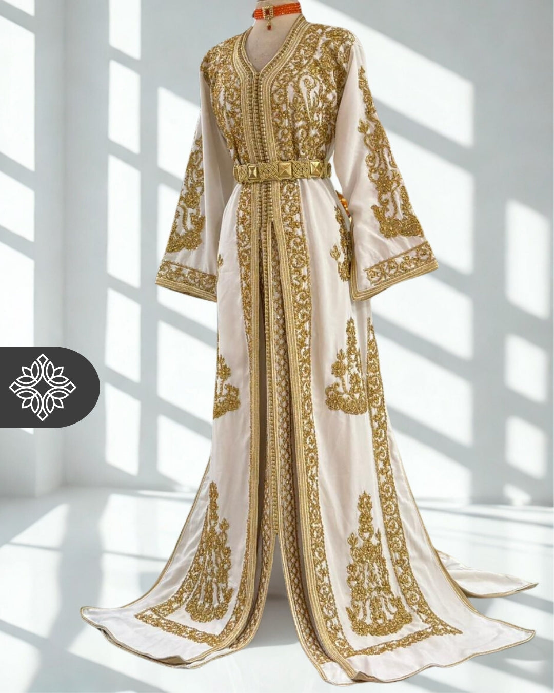 Royal White Moroccan Takchita | Luxury Bridal Two-Piece Kaftan | Golden Royal Embroidery