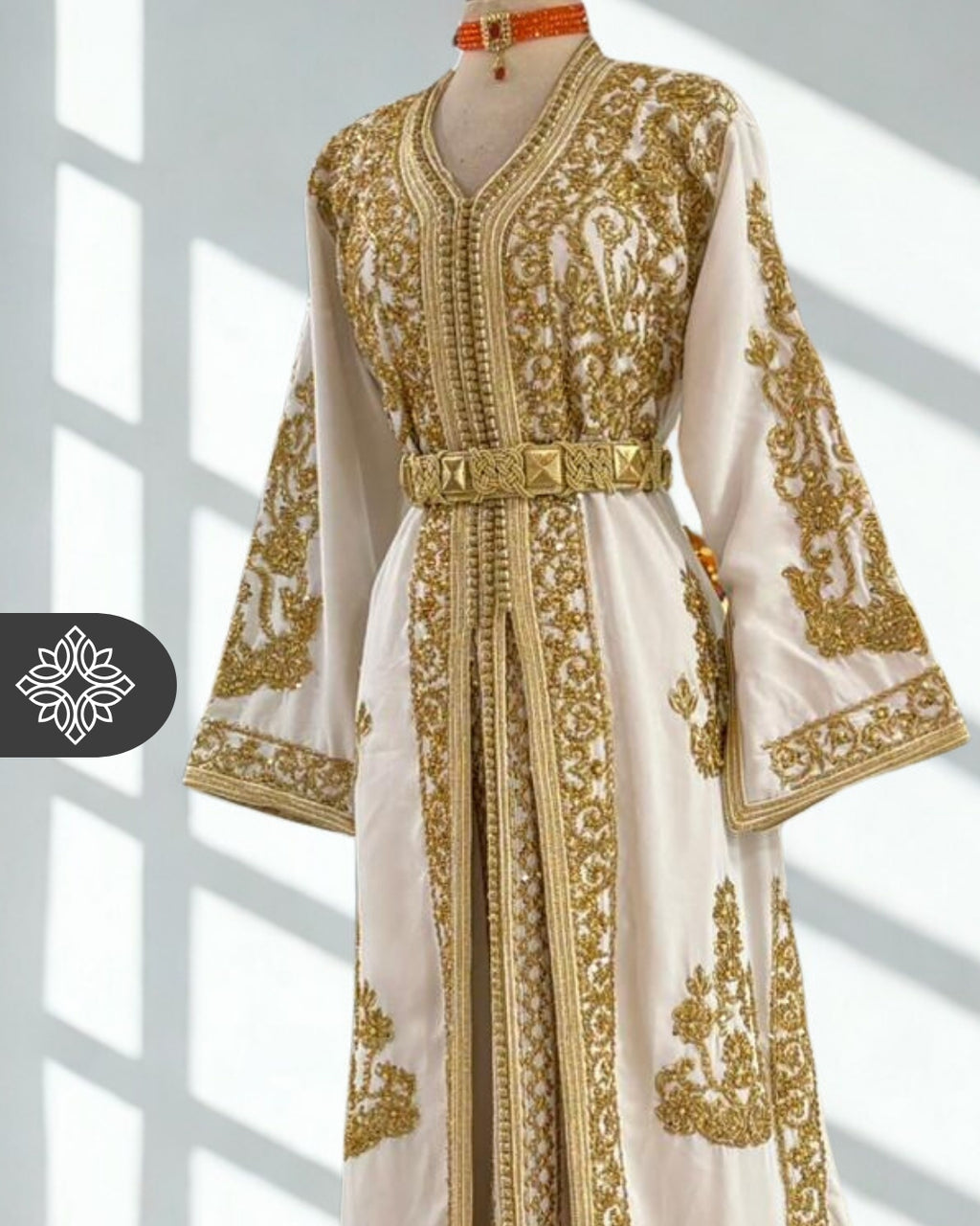 Royal White Moroccan Takchita | Luxury Bridal Two-Piece Kaftan | Golden Royal Embroidery