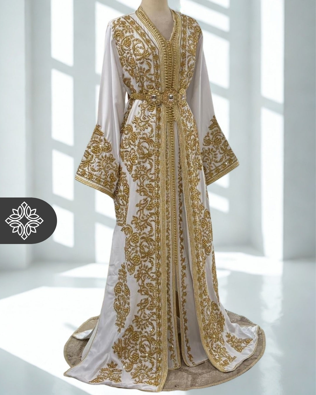 Royal White Moroccan Takchita | Royal Golden Tonal Embroidery | Luxury Bridal Two-Piece Kaftan