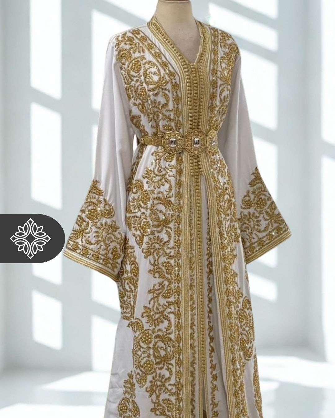 Royal White Moroccan Takchita | Royal Golden Tonal Embroidery | Luxury Bridal Two-Piece Kaftan