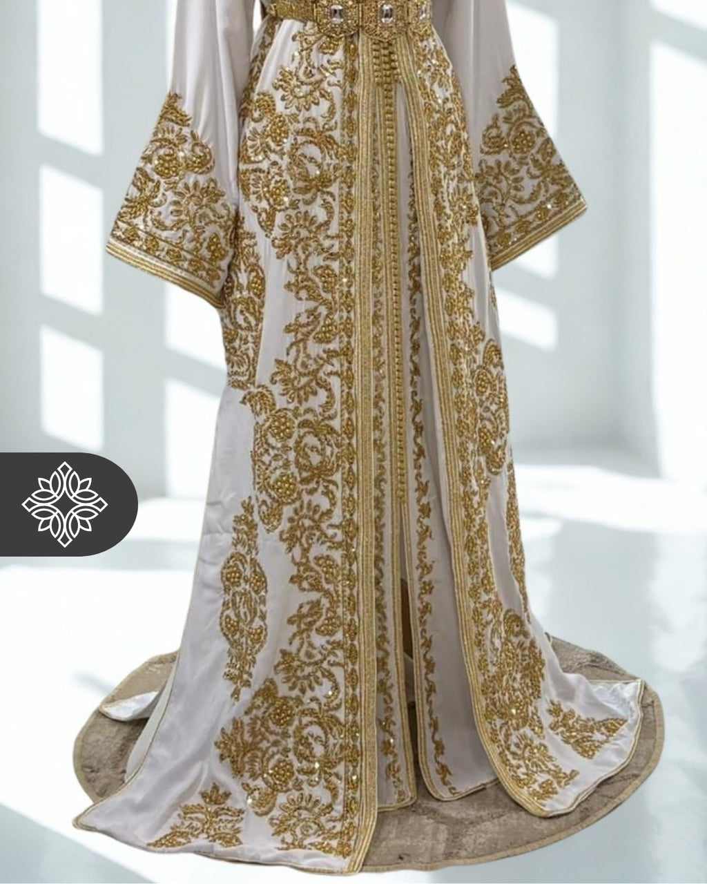 Royal White Moroccan Takchita | Royal Golden Tonal Embroidery | Luxury Bridal Two-Piece Kaftan