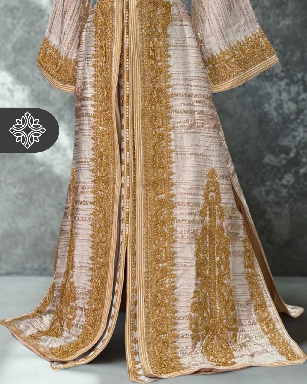 Royal White & Rose Brocade Moroccan Takchita | Luxury Two-Piece Kaftan | Golden Royal Hand Embroidery