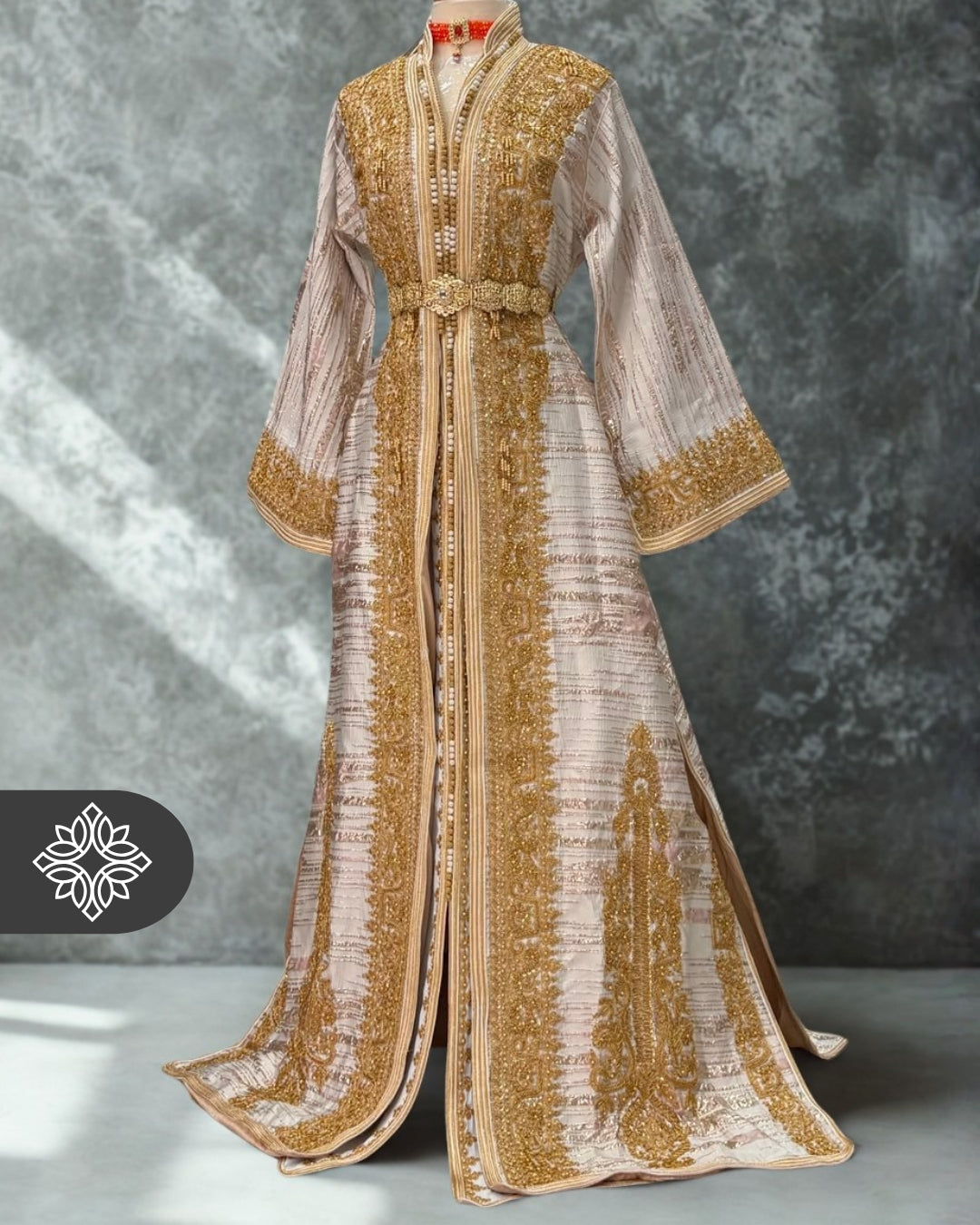 Royal White & Rose Brocade Moroccan Takchita | Luxury Two-Piece Kaftan | Golden Royal Hand Embroidery