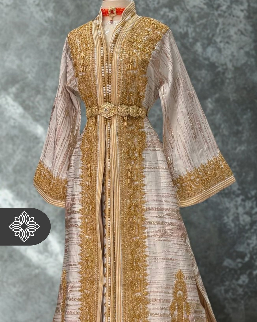 Royal White & Rose Brocade Moroccan Takchita | Luxury Two-Piece Kaftan | Golden Royal Hand Embroidery