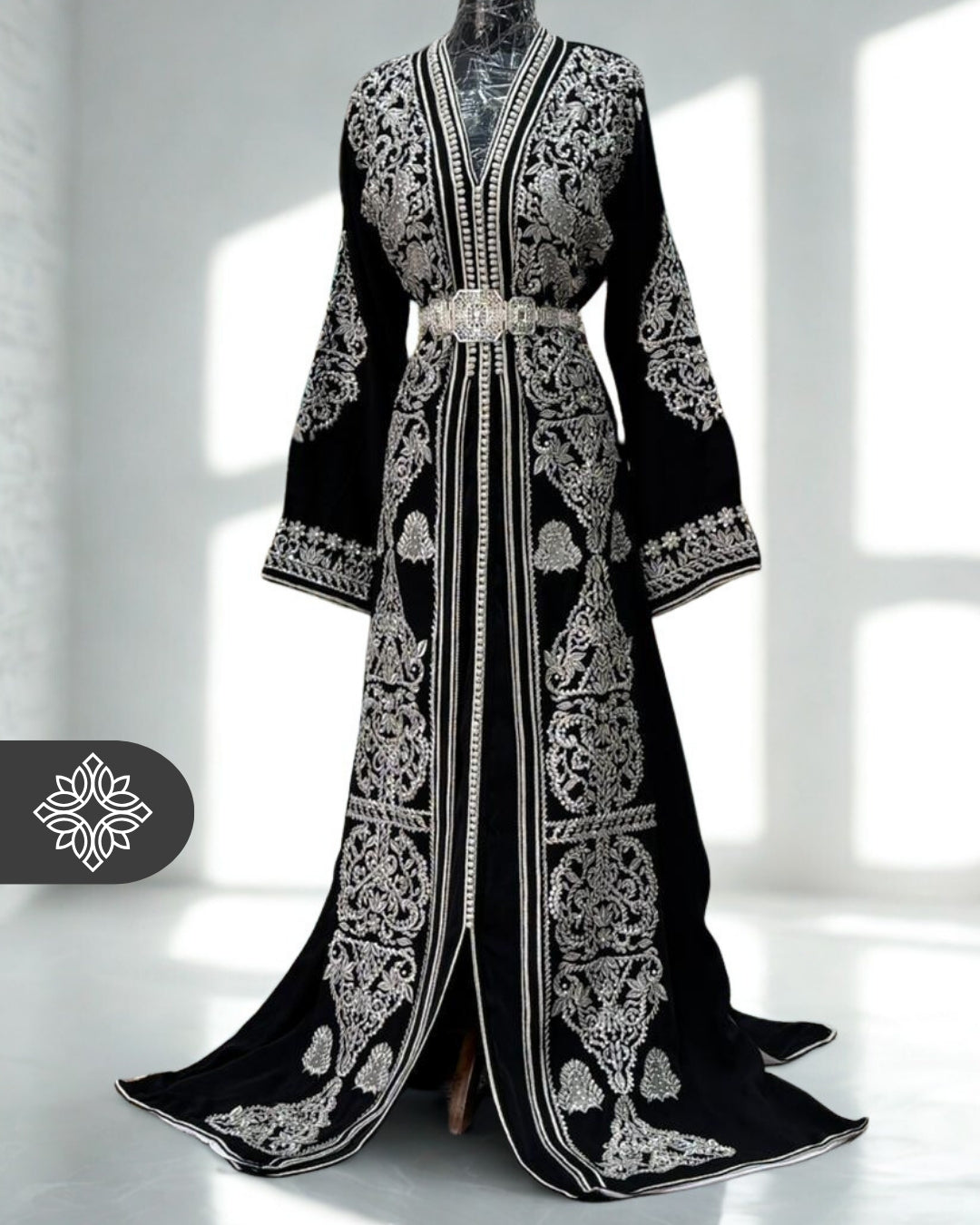 Royal Black Moroccan Takchita | Luxury Silk Two-Piece Kaftan | Silver Embroidery & Natural Stones