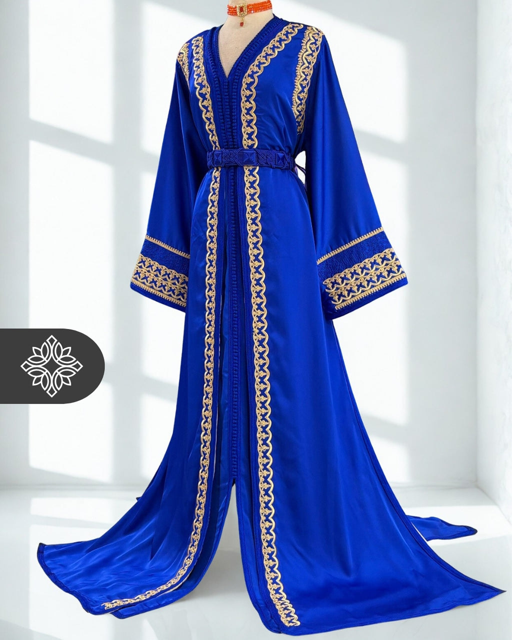 Royal Blue Moroccan Two-Piece Kaftan | Golden Tonal Embroidery | Luxury Takchita