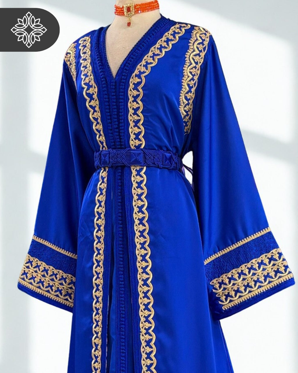 Navy Blue Moroccan Elegant Takchita | Golden Tonal Embroidery | Two-Piece Kaftan