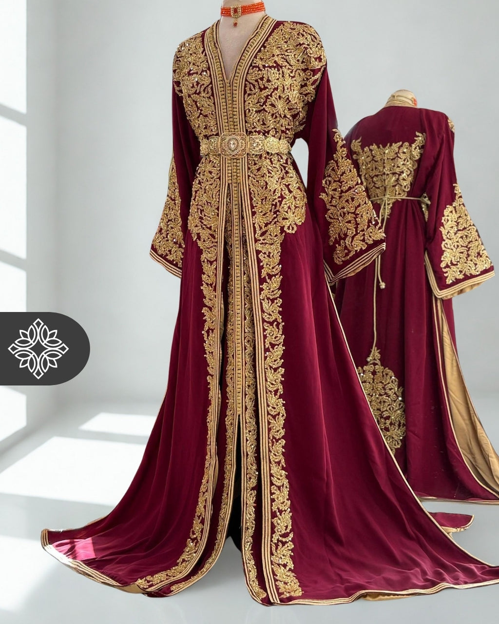 Royal Burgundy Moroccan Luxury Takchita | Golden Tonal Embroidery | Two-Piece Kaftan