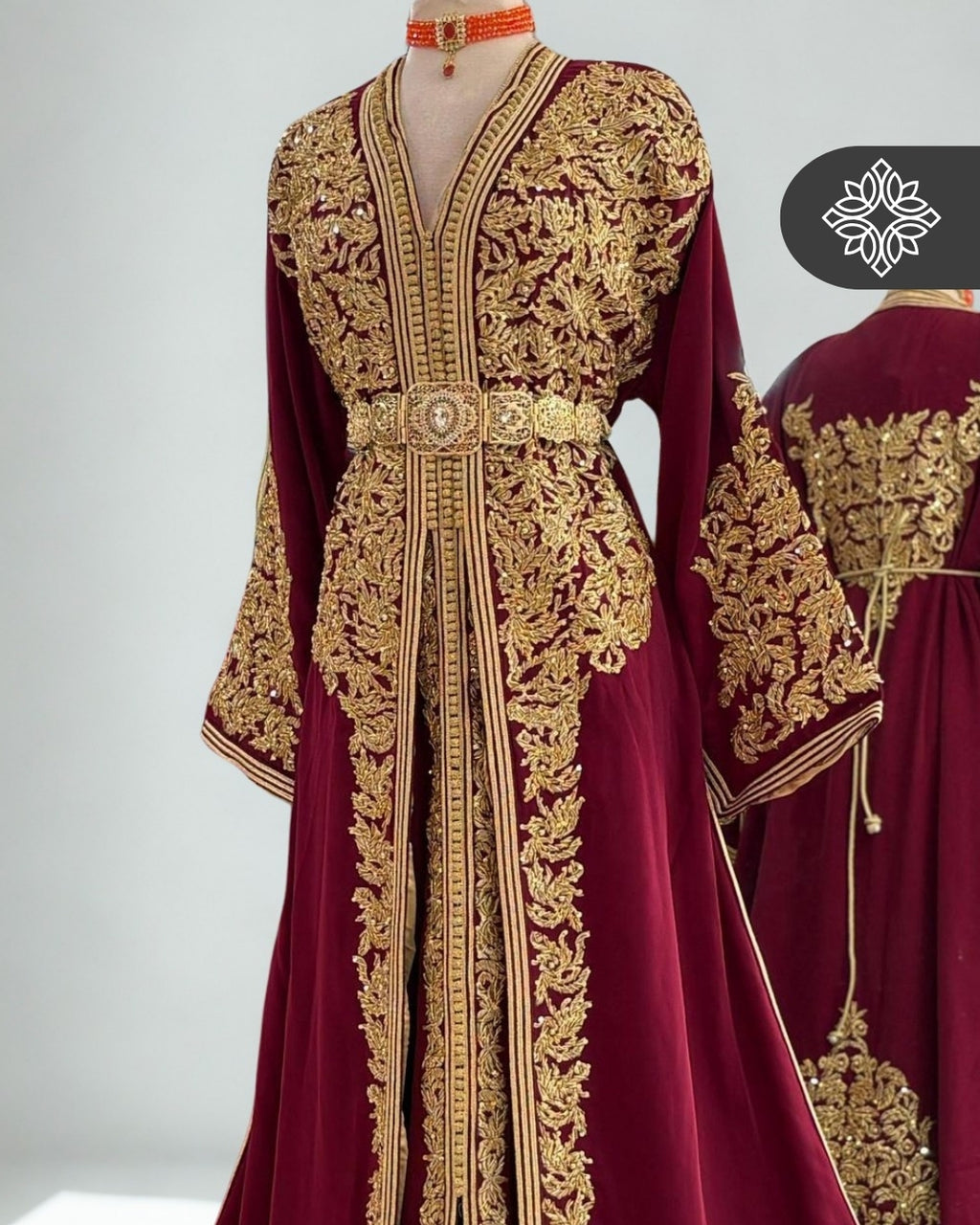 Royal Burgundy Moroccan Luxury Takchita | Golden Tonal Embroidery | Two-Piece Kaftan