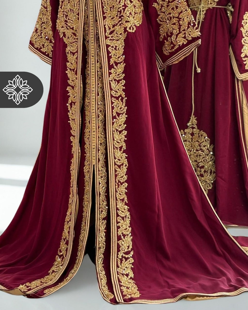 Royal Burgundy Moroccan Luxury Takchita | Golden Tonal Embroidery | Two-Piece Kaftan