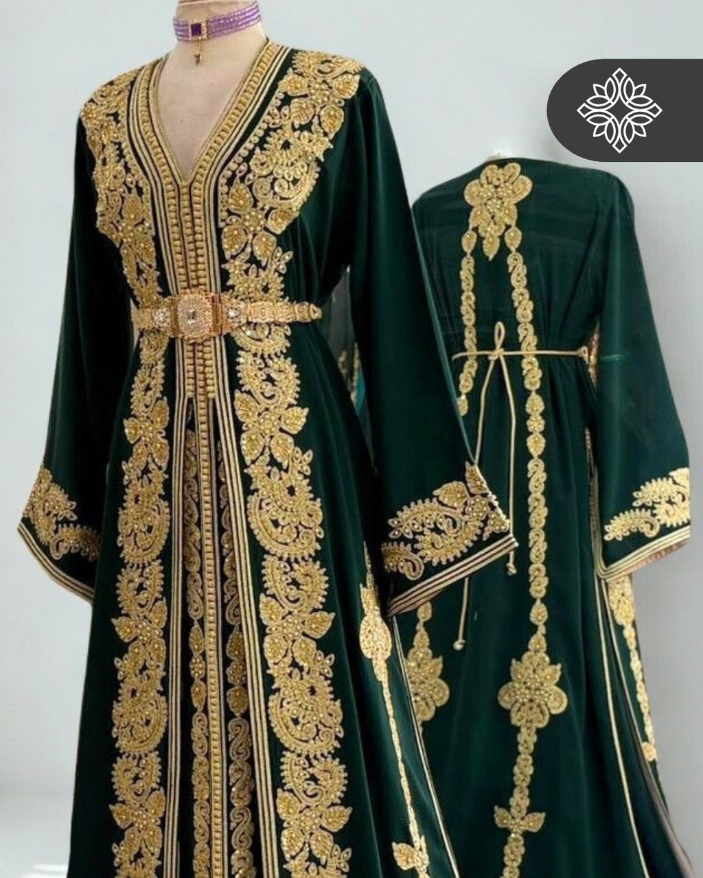 Royal Green Moroccan Two-Piece Takchita | Tonal Golden Embroidery | Luxury Two-Piece Kaftan