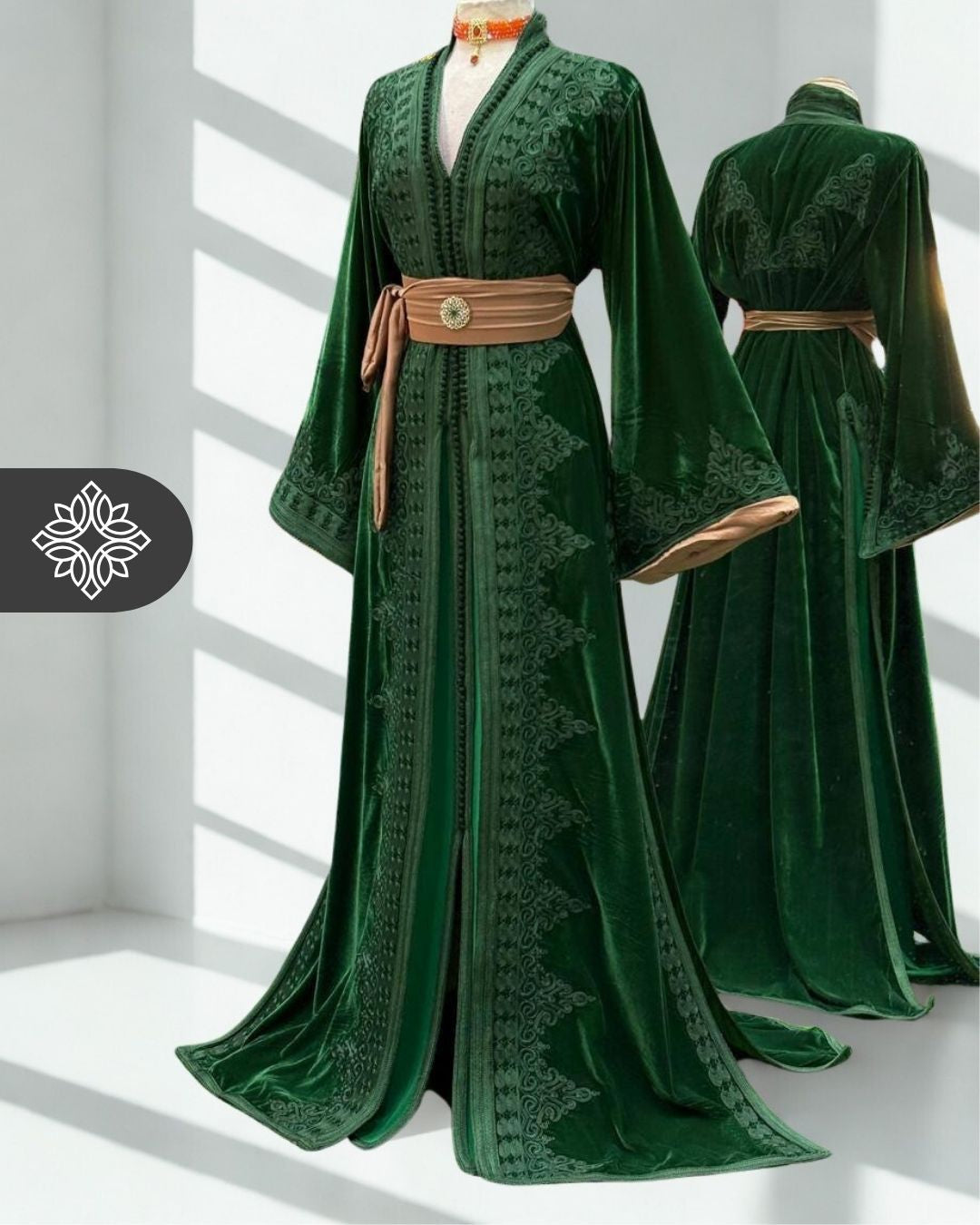 Black Two-Piece Kaftan | Brown Traditional Tonal Embroidery | Moroccan Takchita