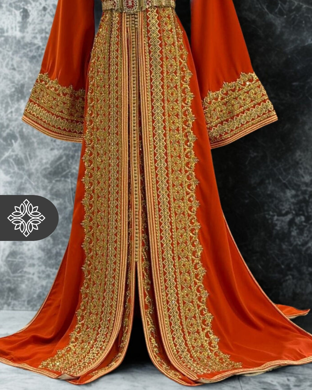 Royal Orange Moroccan Takchita | Golden Heritage Embroidery | Haute Couture Two-Piece Kaftan