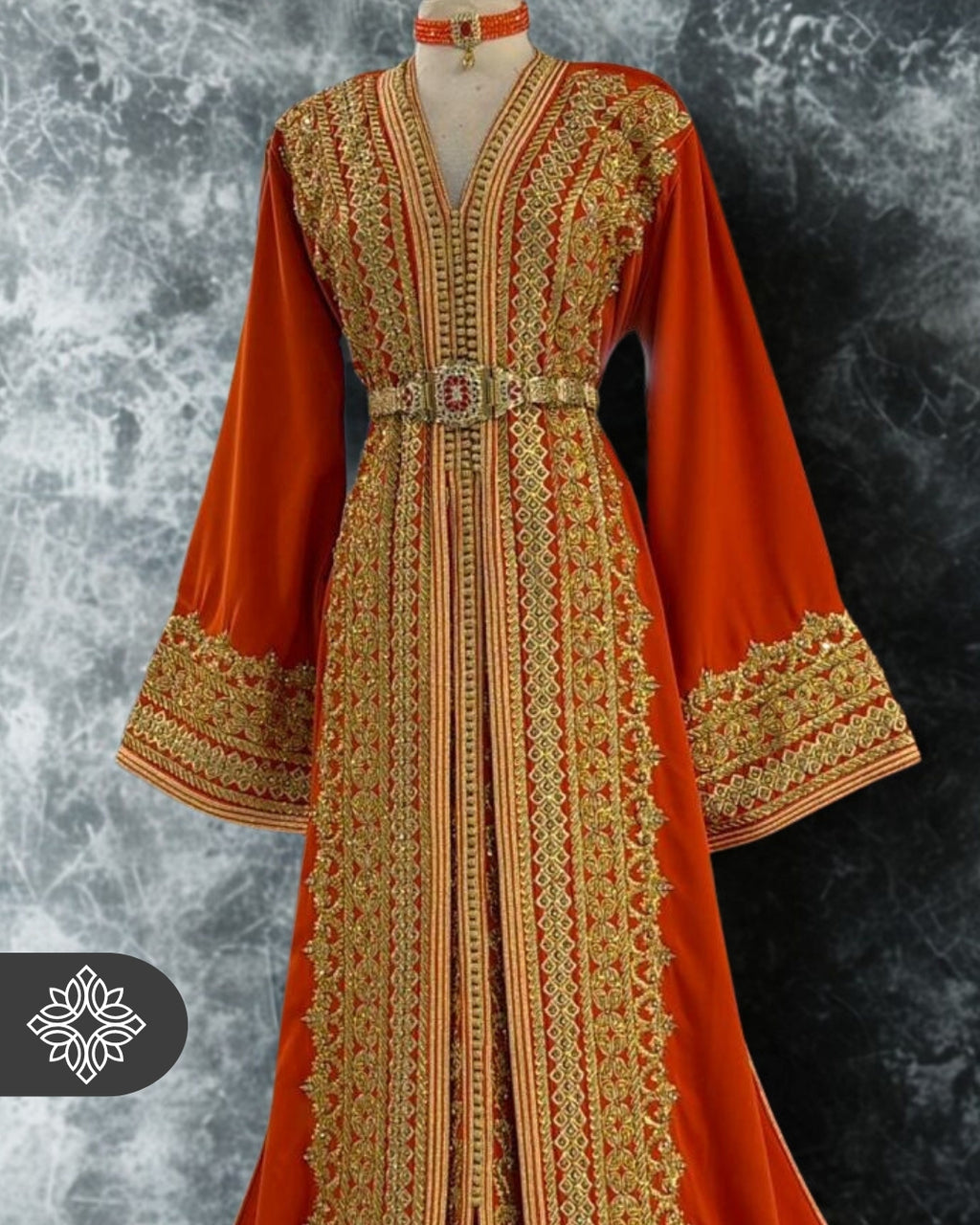 Royal Orange Moroccan Takchita | Golden Heritage Embroidery | Haute Couture Two-Piece Kaftan