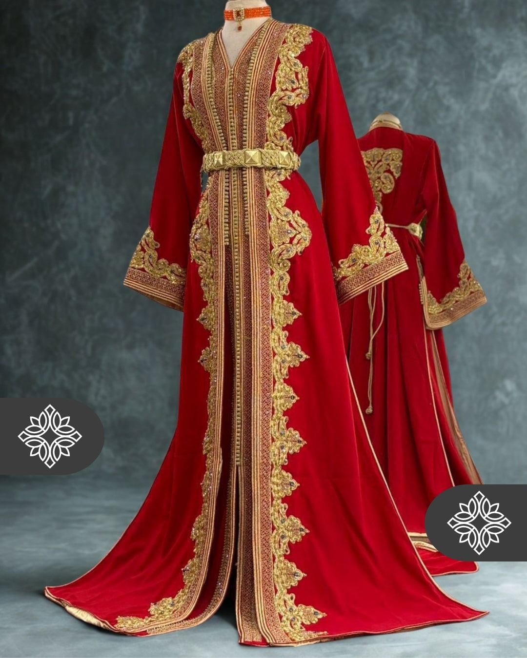 Royal Red Moroccan Takchita | Luxury Couture Two-Piece Kaftan | Golden Tonal Embroidery & Stone Detailing