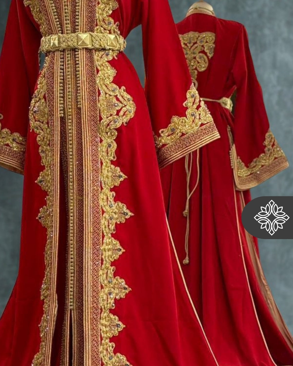 Takchita marocaine rouge royale | Caftan deux pièces haute couture | Broderie ton sur ton dorée et détails en pierres