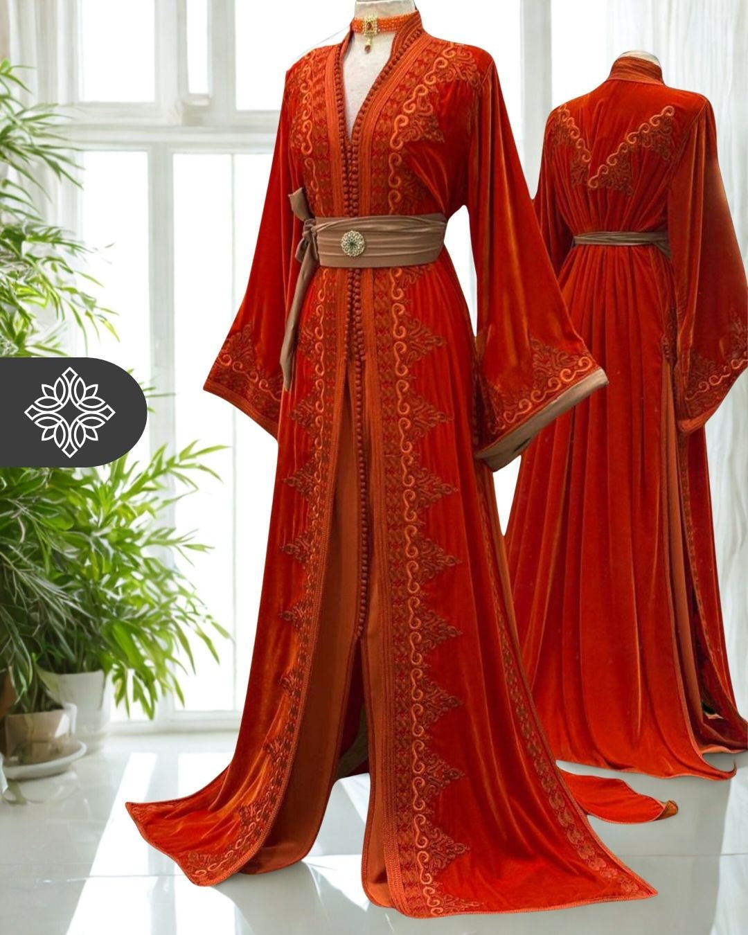 Black Two-Piece Kaftan | Brown Traditional Tonal Embroidery | Moroccan Takchita