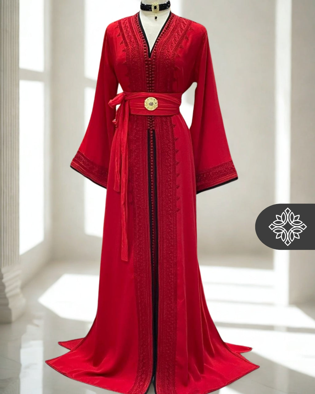 Royal Moroccan Red Kaftan with Black Embroidery