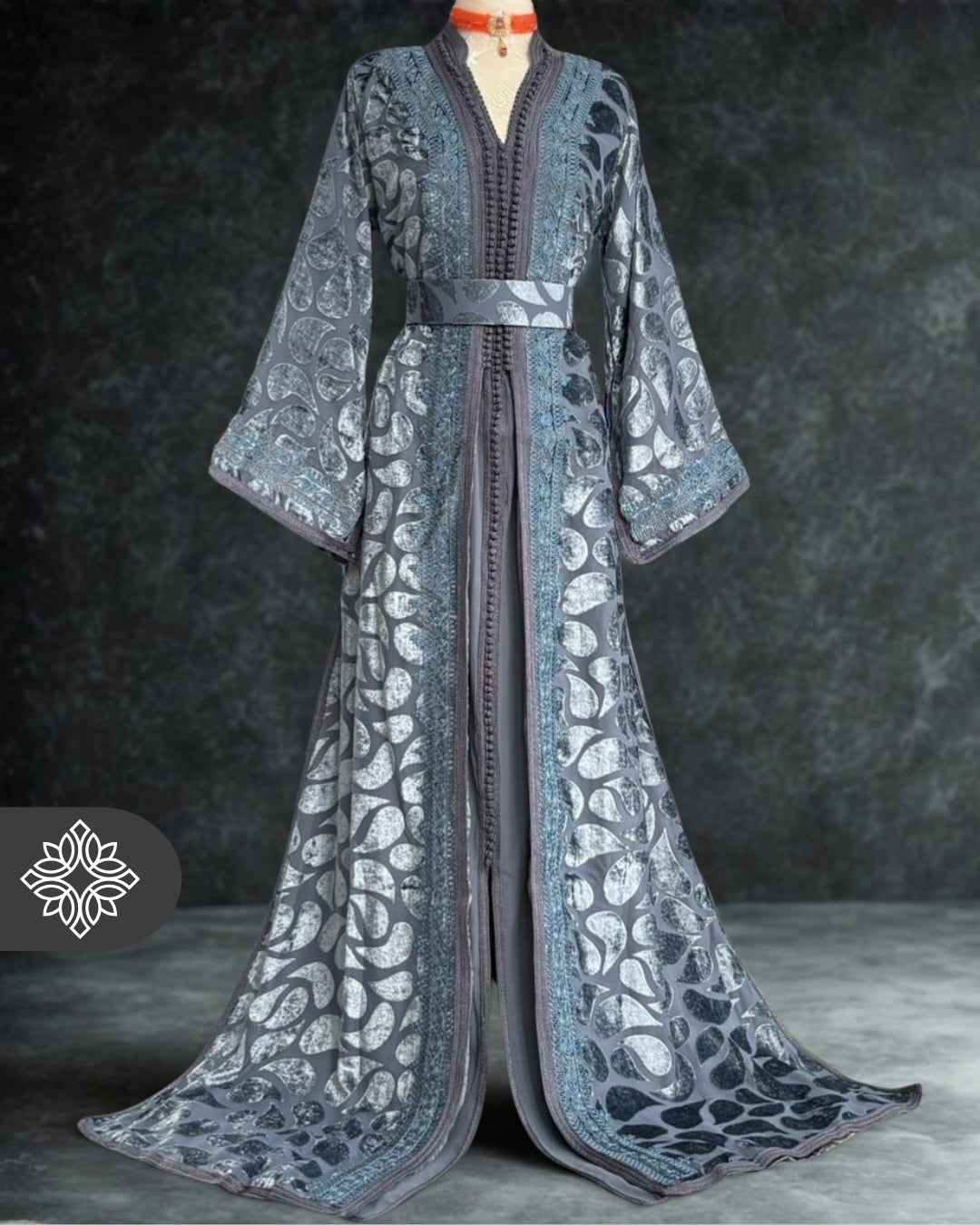 Silver Grey Moroccan Takchita | Luxury Two-Piece Kaftan |  Moroccan Tonal Embroidery