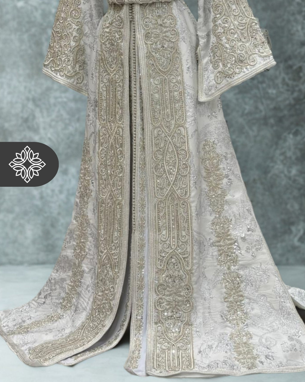 Silver Grey Moroccan Takchita | Luxury Two-Piece Kaftan Brocade | Tonal Silver Embroidery