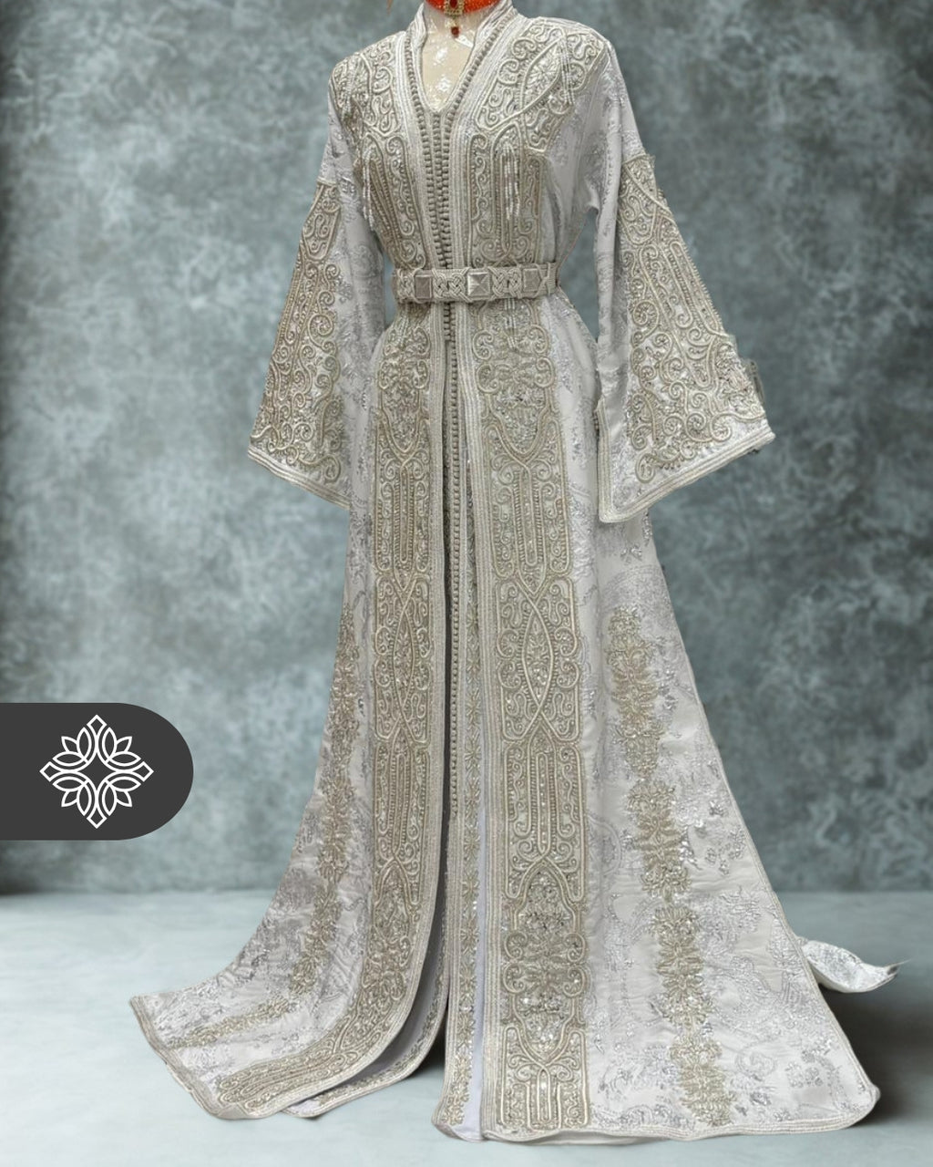 Silver Grey Moroccan Takchita | Luxury Two-Piece Kaftan Brocade | Tonal Silver Embroidery