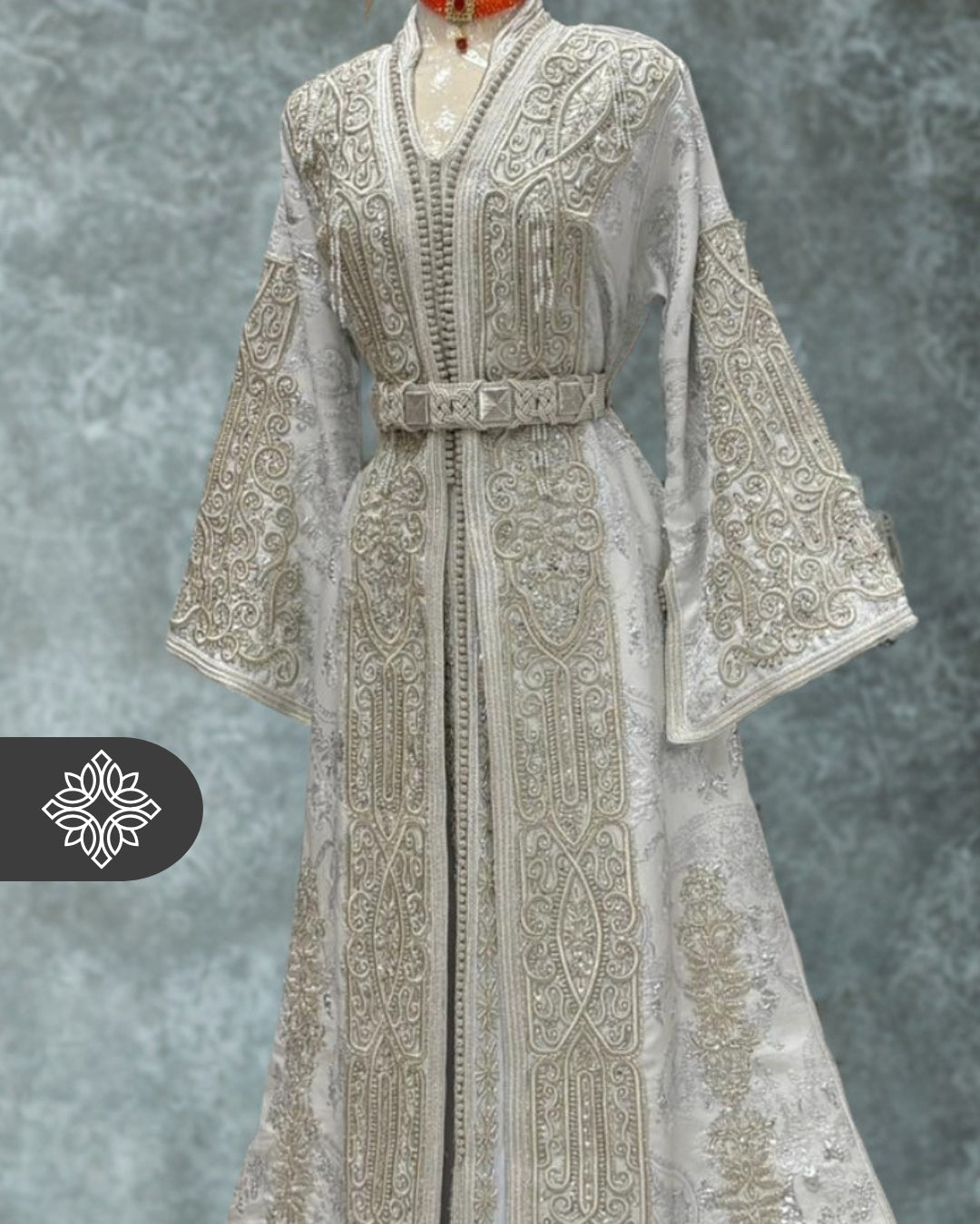 Silver Grey Moroccan Takchita | Luxury Two-Piece Kaftan Brocade | Tonal Silver Embroidery