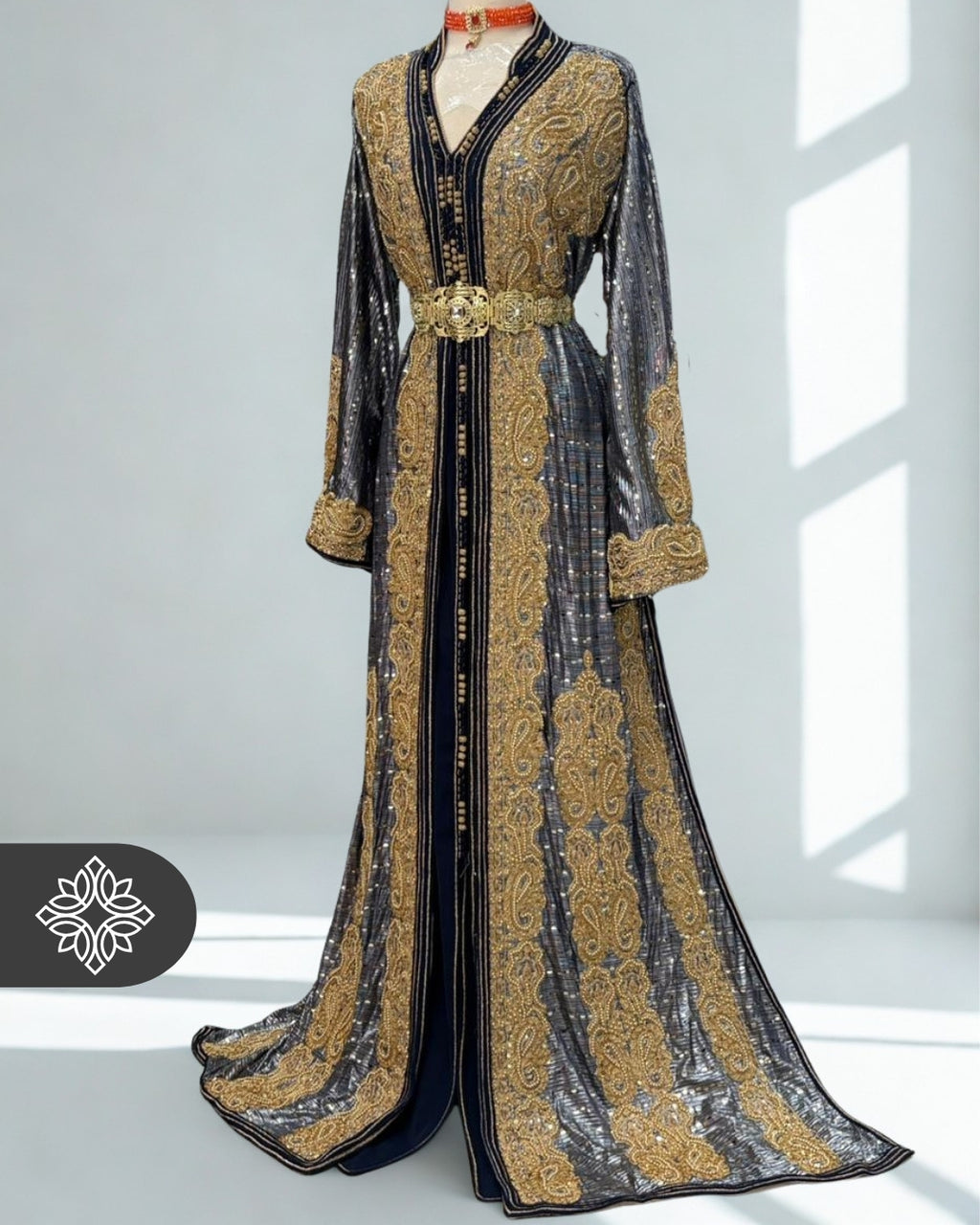 Silver Noir Moroccan Takchita | Luxury Two-Piece Kaftan | Brocade Couture