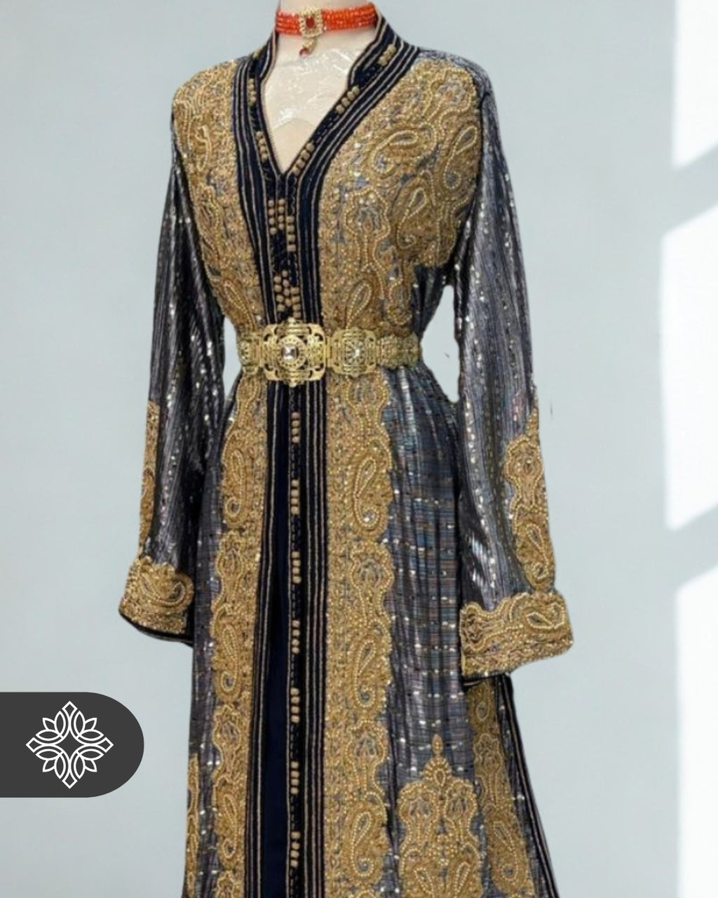 Silver Noir Moroccan Takchita | Luxury Two-Piece Kaftan | Brocade Couture