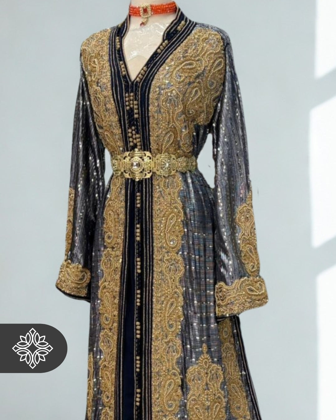 Silver Noir Moroccan Takchita | Luxury Two-Piece Kaftan | Brocade Couture