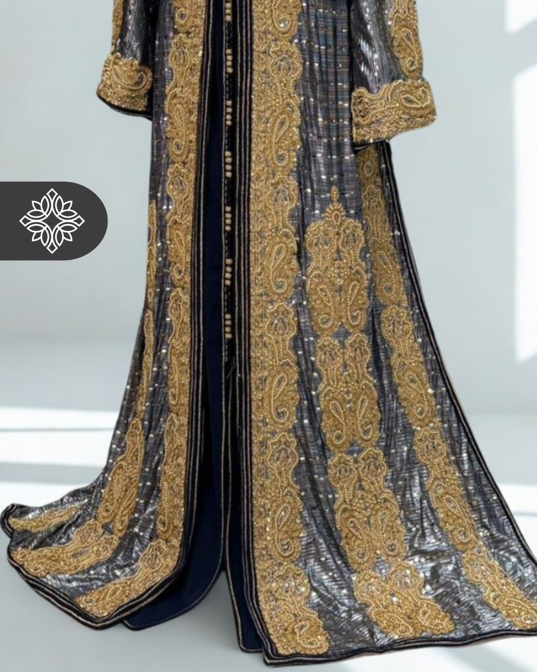 Silver Noir Moroccan Takchita | Luxury Two-Piece Kaftan | Brocade Couture