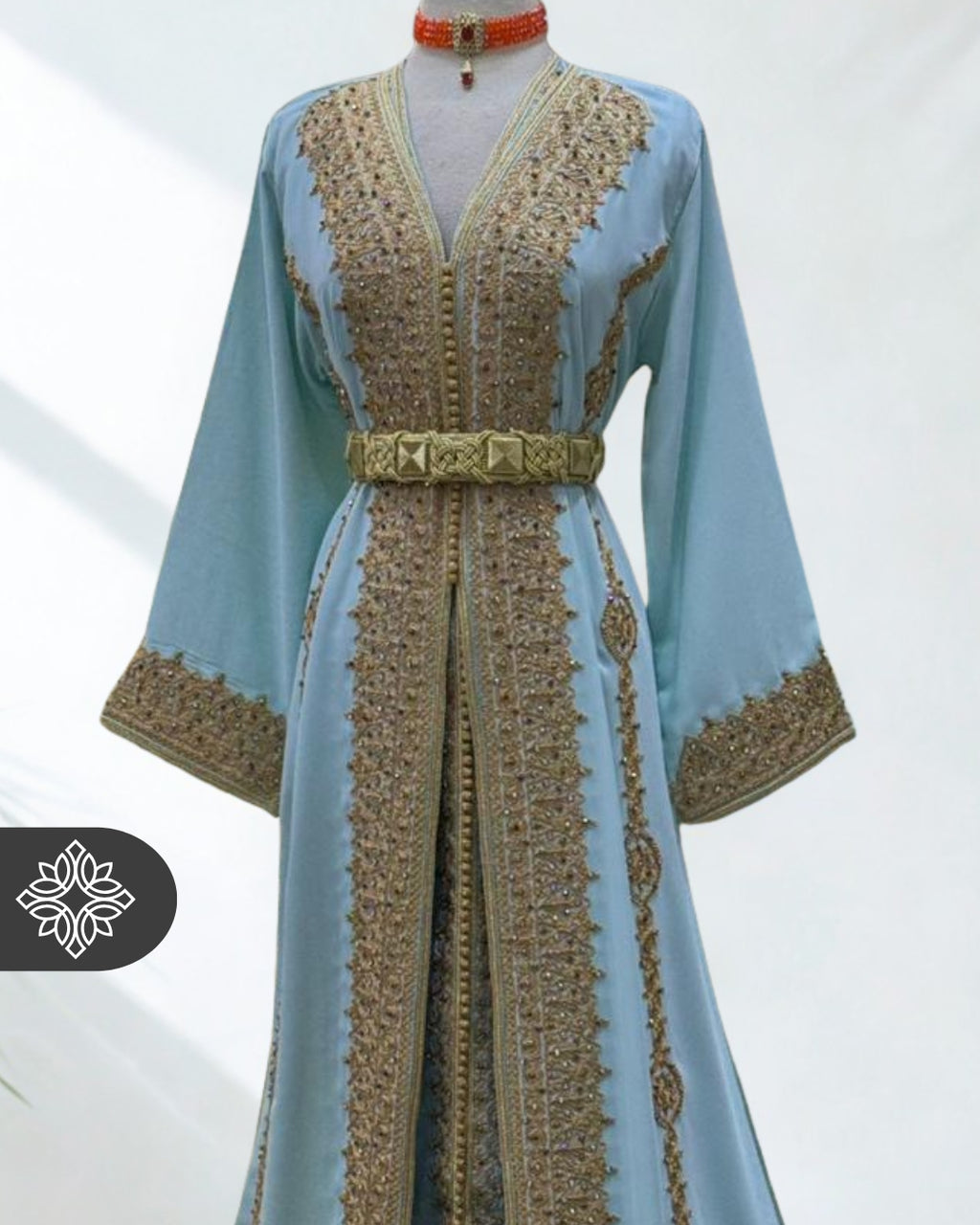 Royal Moroccan Two-Piece Kaftan | Sky Blue & Gold Embroidery