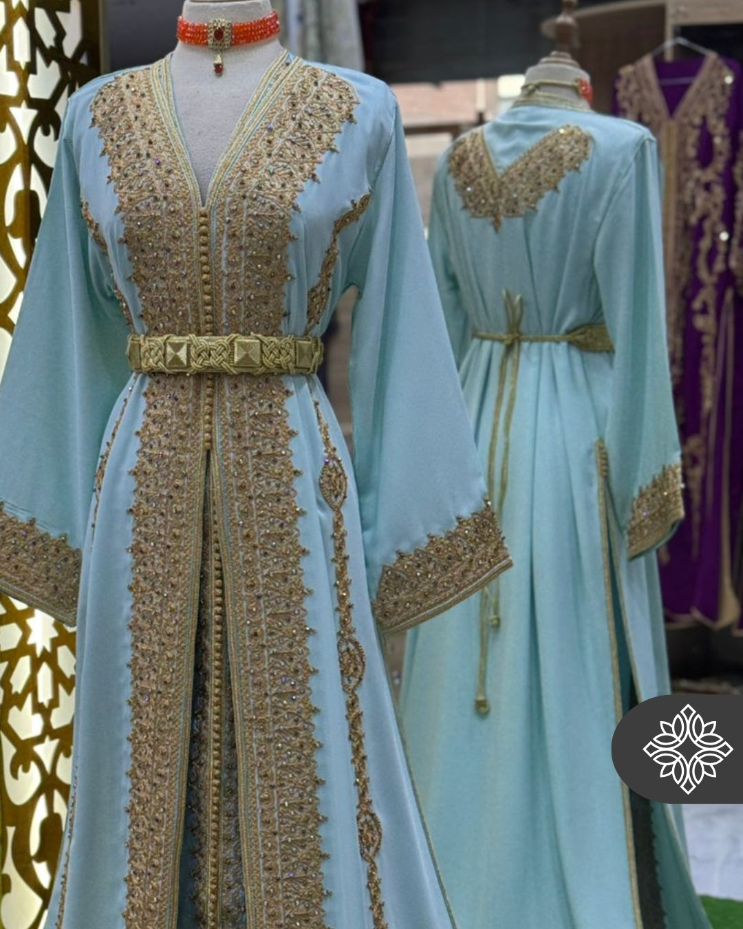 Royal Moroccan Two-Piece Kaftan | Sky Blue & Gold Embroidery