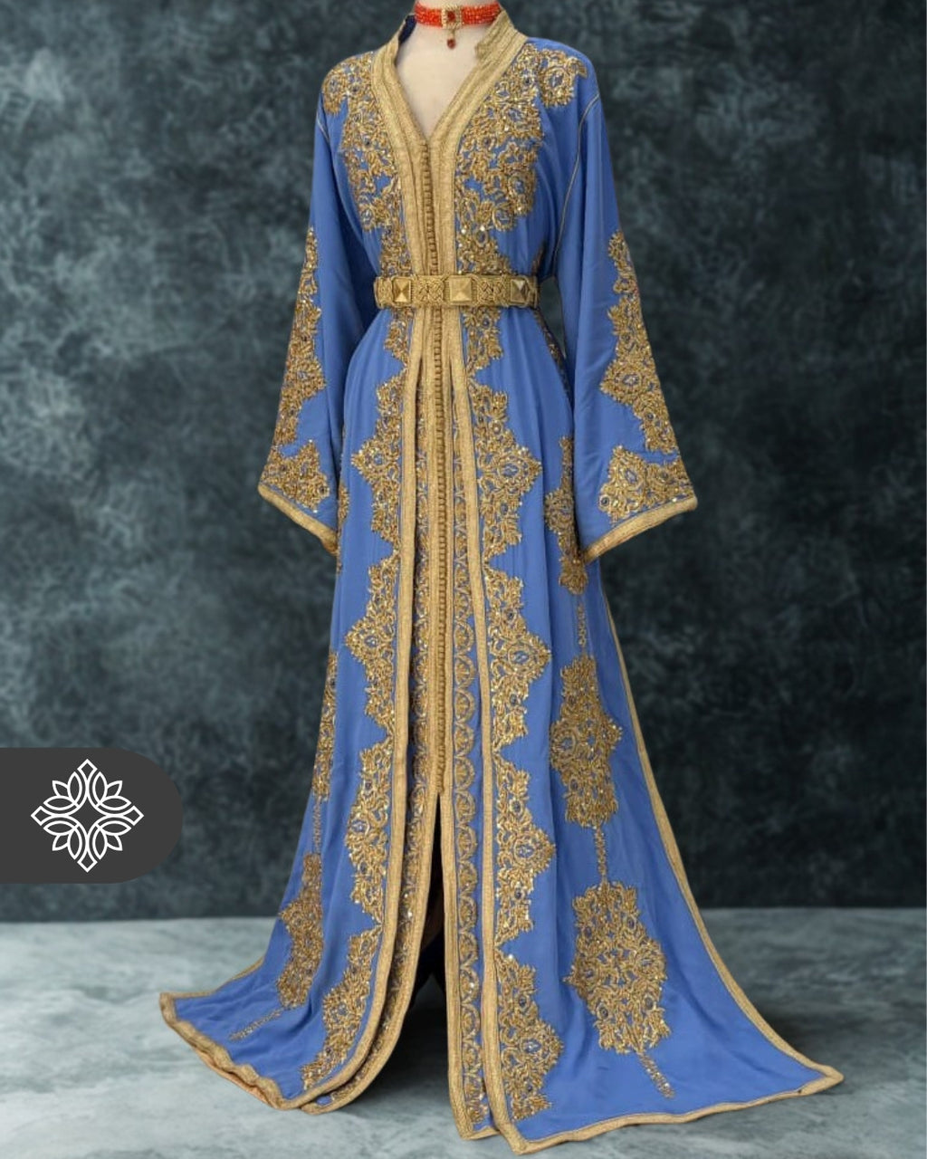 Sky Blue Moroccan Takchita | Couture Two-Piece Kaftan | Golden Heritage Embroidery
