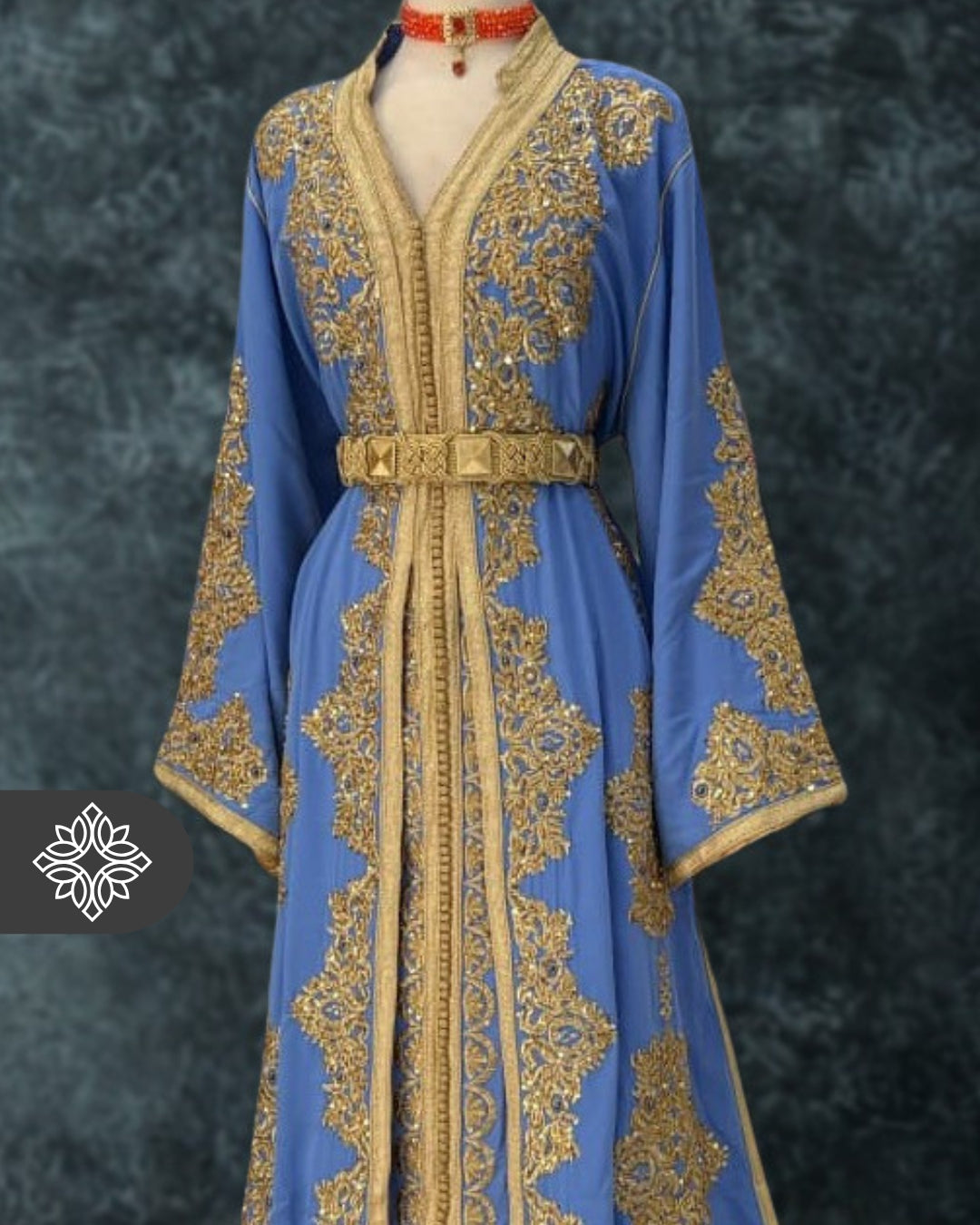 Sky Blue Moroccan Takchita | Couture Two-Piece Kaftan | Golden Heritage Embroidery