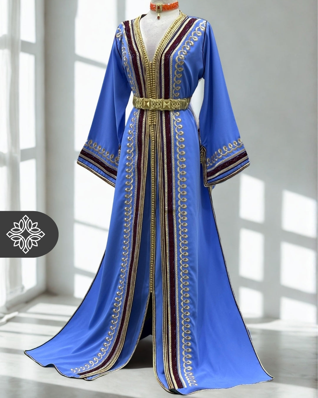 Royal Green & Red Two Piece Kaftan Takchita with Gold Embroidery