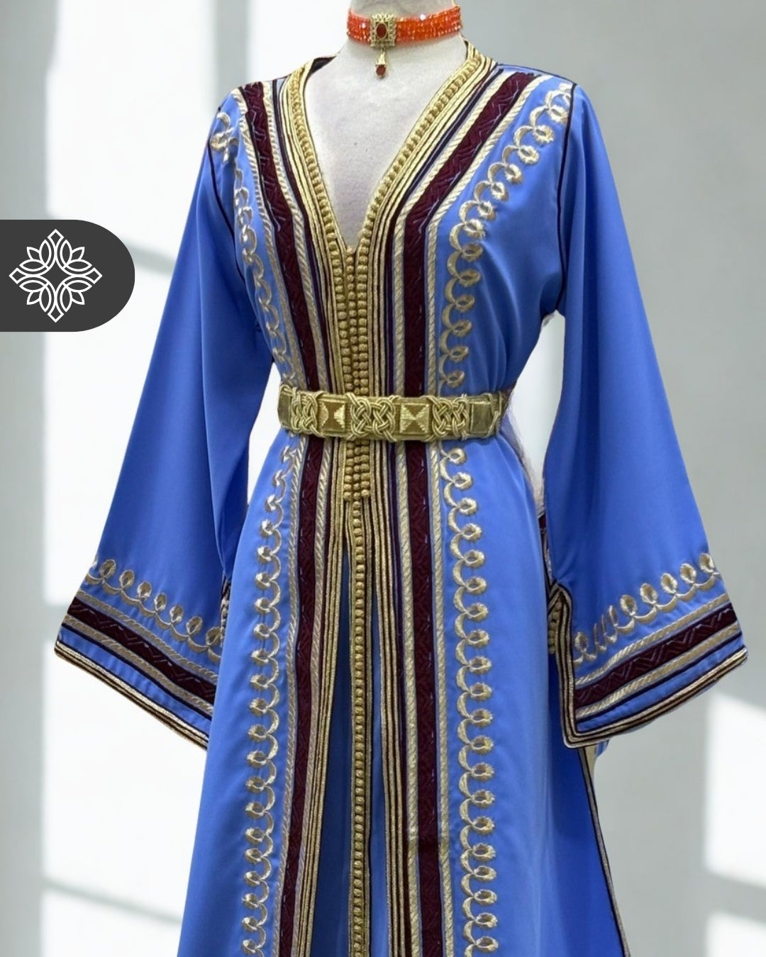 Sky Blue & Burgundy Two Piece Moroccan Kaftan, Takchita with Gold Embroidery
