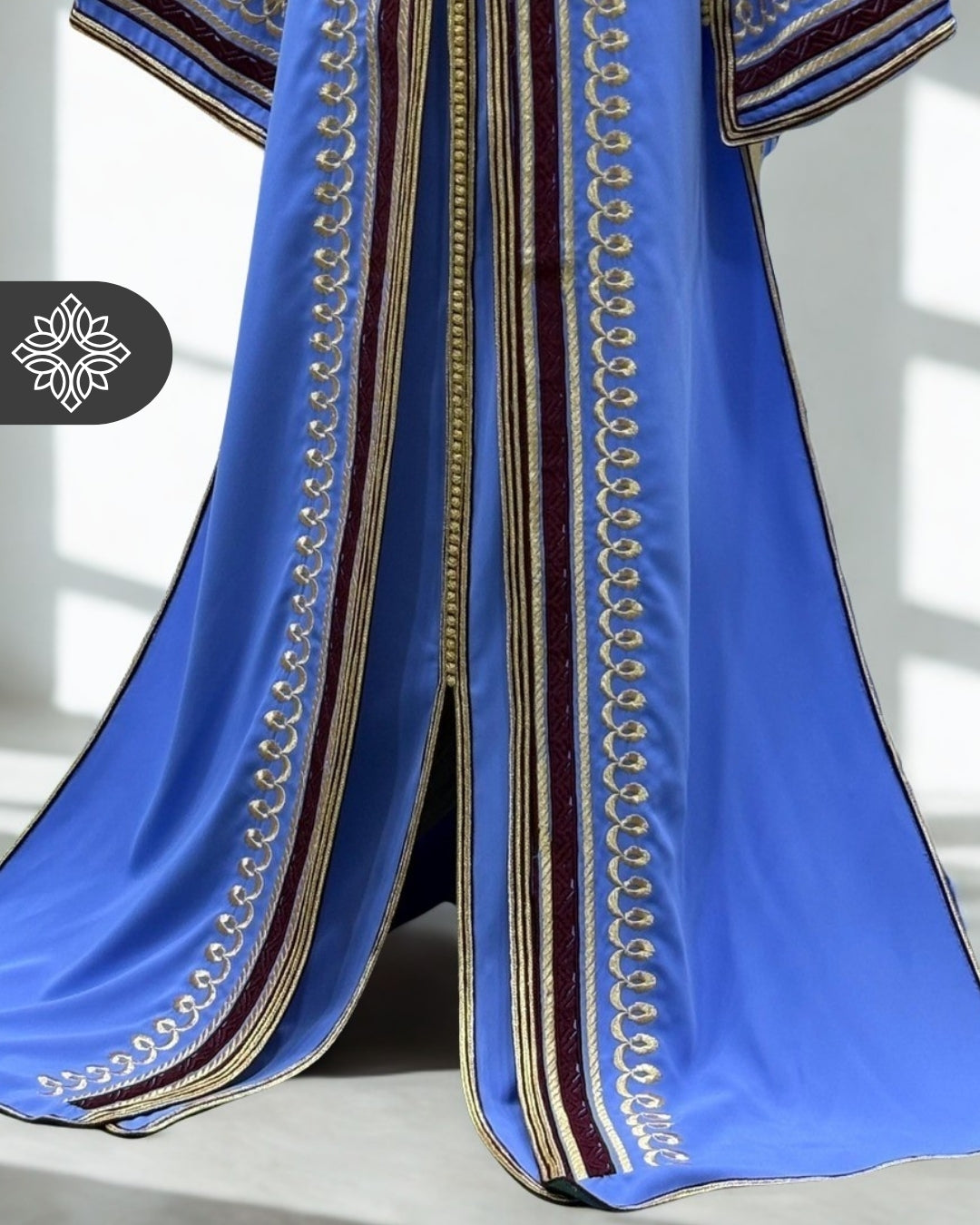 Sky Blue & Burgundy Two Piece Moroccan Kaftan, Takchita with Gold Embroidery
