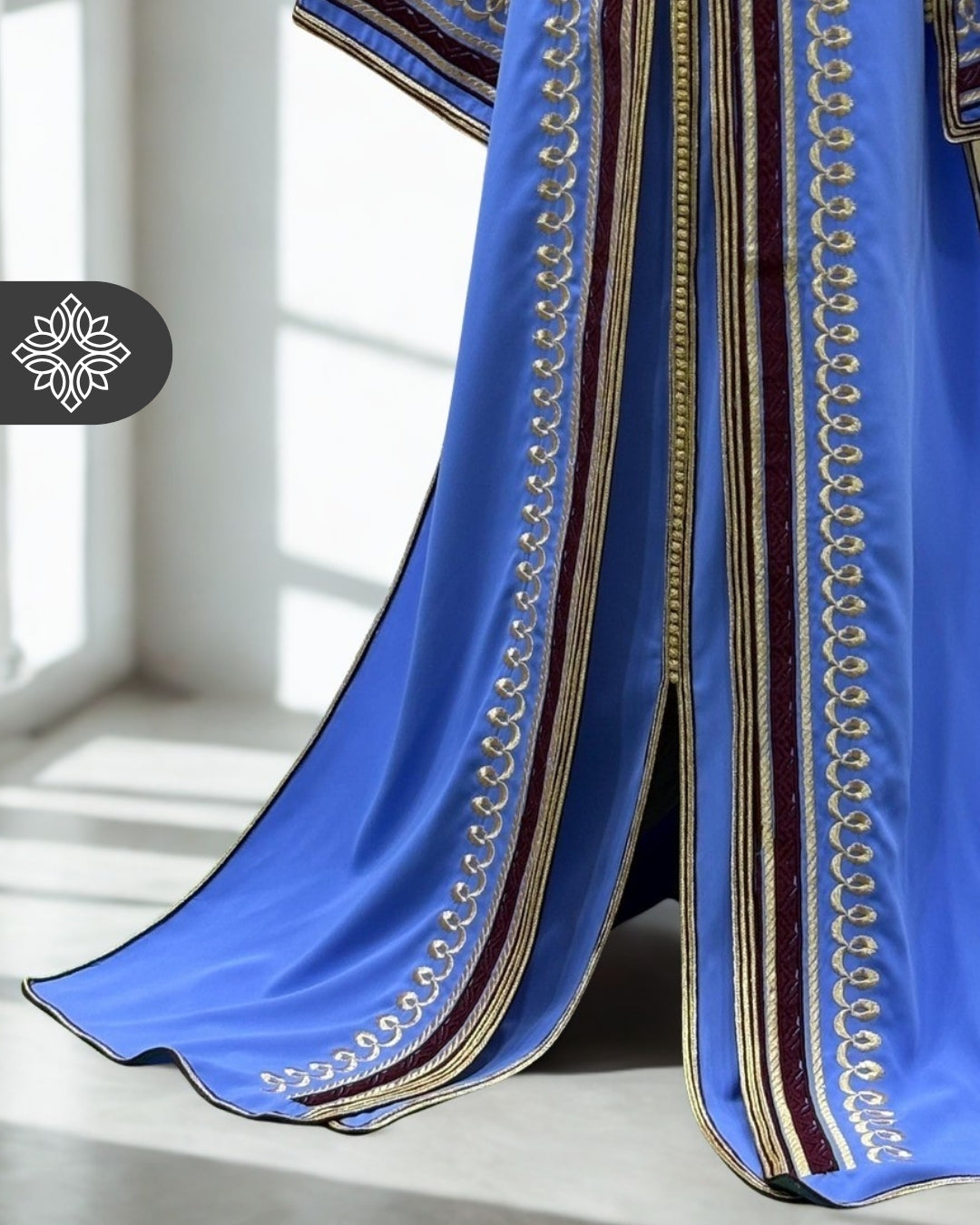 Sky Blue & Burgundy Two Piece Moroccan Kaftan, Takchita with Gold Embroidery